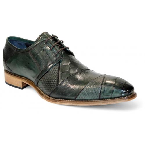 Duca Di Matiste "Imperio" Green Genuine Italian Calf Leather Crocodile/Ostrich/Lizard Print Lace-Up Dress Shoes.